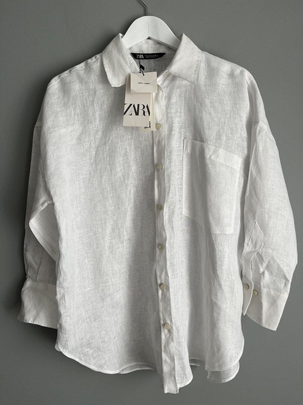Zara NWT Womens White 100% Linen Oversized Shirt Sz S Preppy Coastal